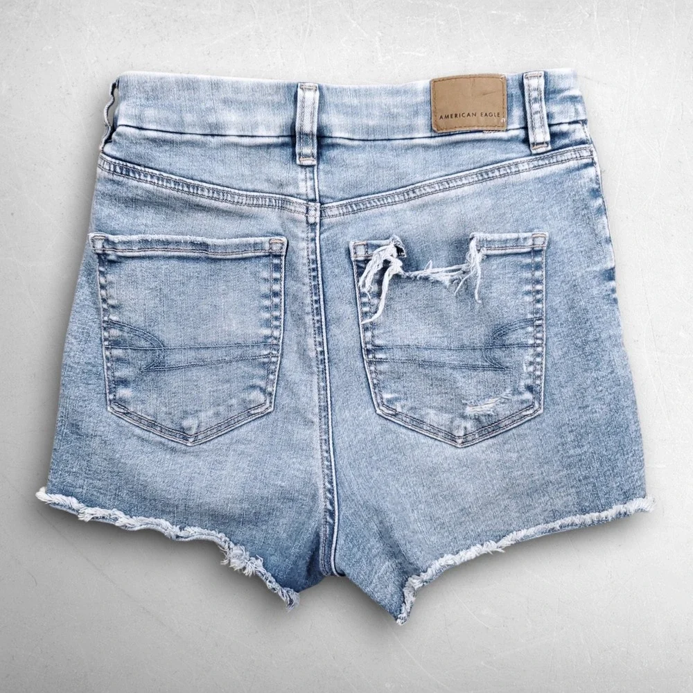 American Eagle Curvy Hi-Rise Shortie Women 2 Blue Stretch Distressed Raw Hem VP